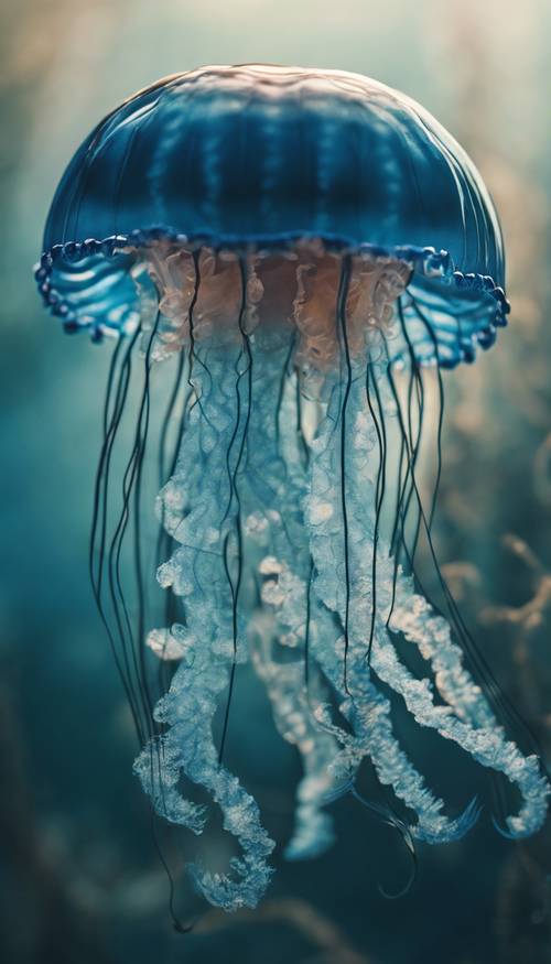 Foto jarak dekat dari ubur-ubur biru tembus pandang, memperlihatkan struktur tubuhnya yang rumit.