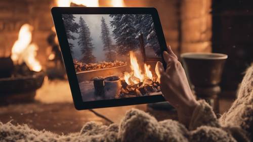 Ein iPad vor einem prasselnden Kaminfeuer, das eine winterliche Szene zeigt. Hintergrund [42daa5896a8c44f184c9]