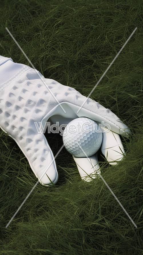 Мяч для гольфа и перчатка на фоне травы