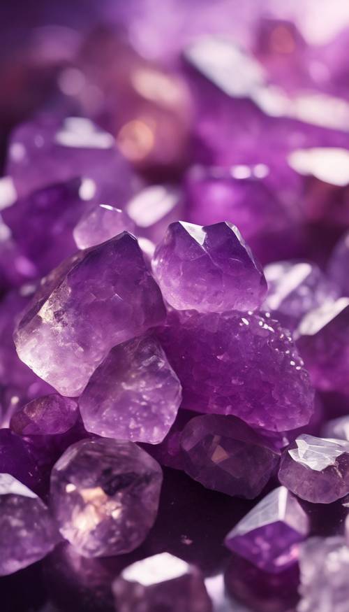 An aesthetically pleasing arrangement of purple amethyst crystals gleaming under soft light.