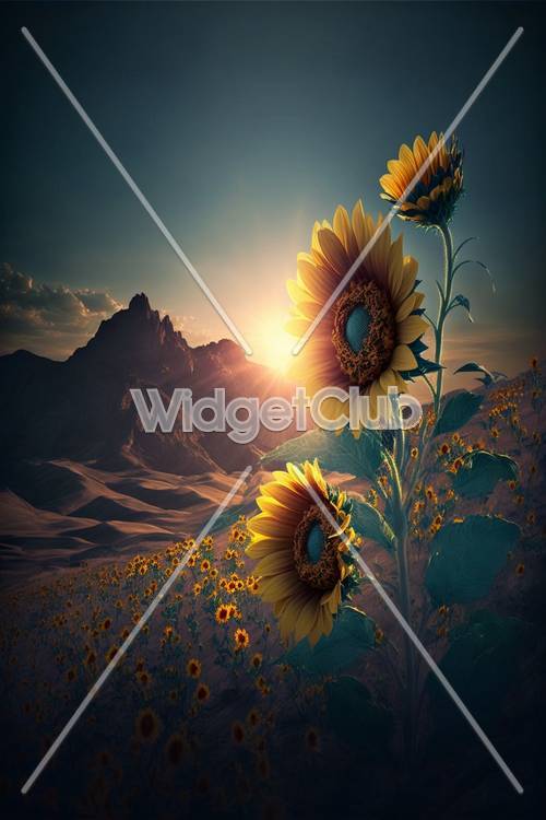 Sunset and Sunflowers by the Mountain
