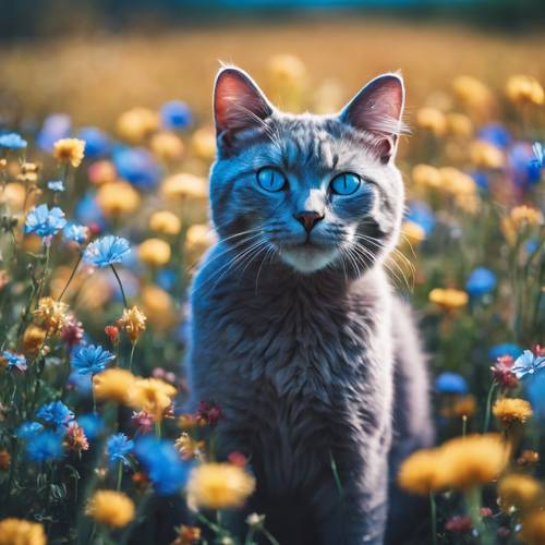 Un gato azul neón retozando en un campo de flores de colores del arco iris.