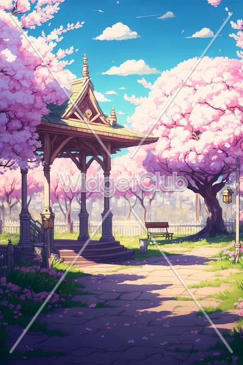 Pink Blossoms and Peaceful Park Gazebo