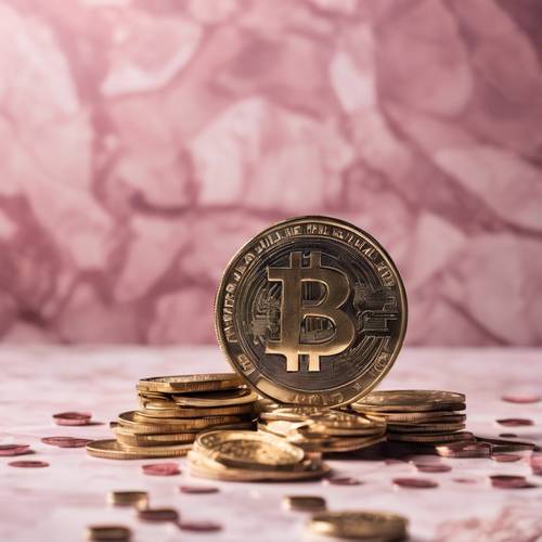 ピンクの大理石のテーブルに散らばる通貨コインの壁紙