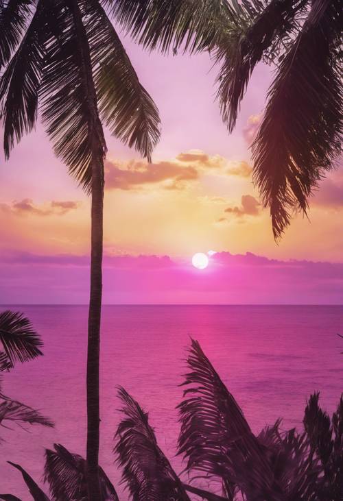 A beautiful tropical sunrise shifting from pink to lavender and finally a burst of yellow, presenting a breathtaking ombre effect.