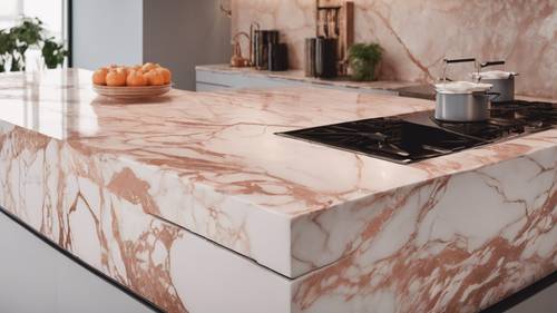 现代厨房配有精致的玫瑰金大理石台面。