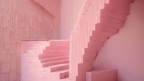 Cầu thang hình học màu hồng pastel với ánh sáng dịu nhẹ.