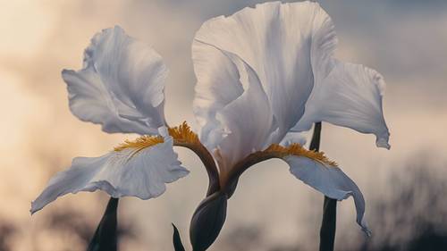 Bunga iris putih yang menakjubkan, kelopaknya sedikit acak-acakan oleh angin sepoi-sepoi, menghadap langit senja yang gelap.