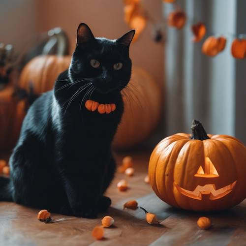 ハロウィンのデコレーションされた部屋でオレンジ色のかぼちゃの横に座る黒猫