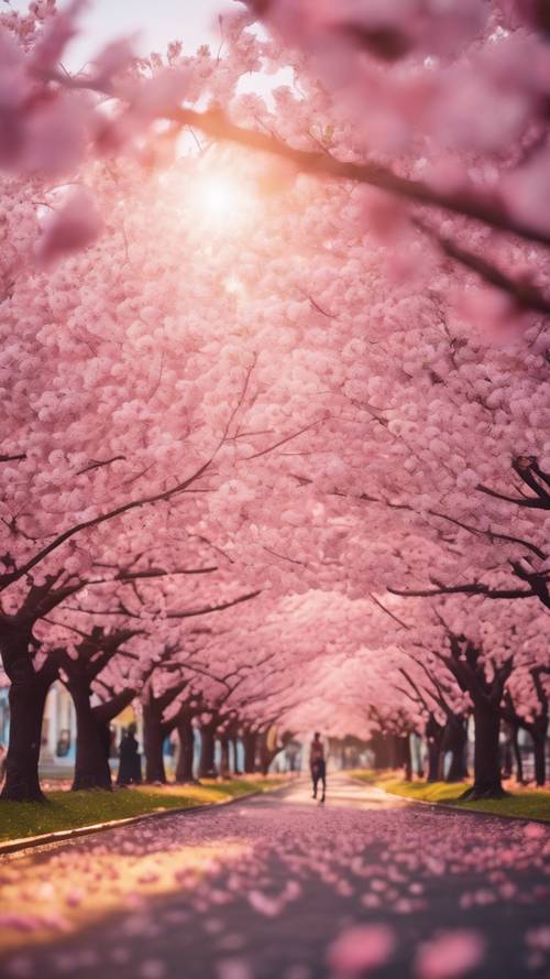 Matahari terbenam yang romantis di tengah pohon sakura merah muda, kelopak bunga melayang tertiup angin sepoi-sepoi.