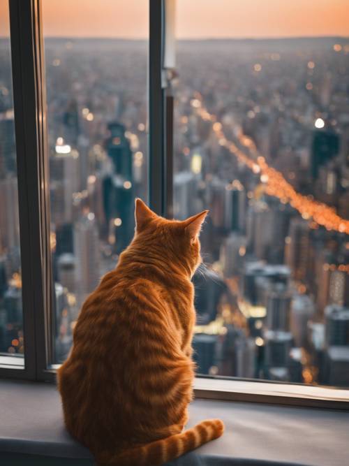 Большой оранжевый полосатый кот наблюдает за мерцающим городским пейзажем из окна высотного здания.