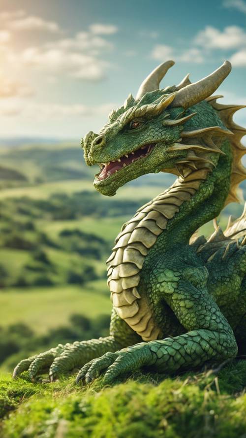 An Earth dragon, resting amidst rolling green hills under a sunny sky.