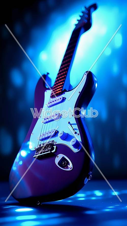 لقطة مقربة لجيتار كهربائي أزرق على خلفية مضيئة ملونة