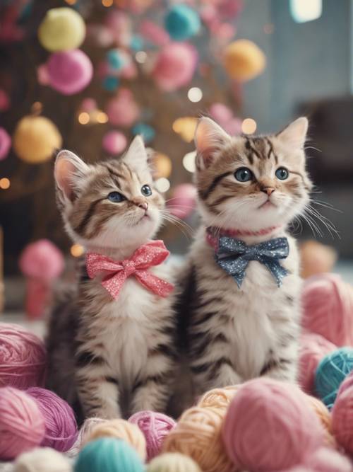 An enchanting snap of a family of kawaii cats wearing bows and playing with balls of yarn.