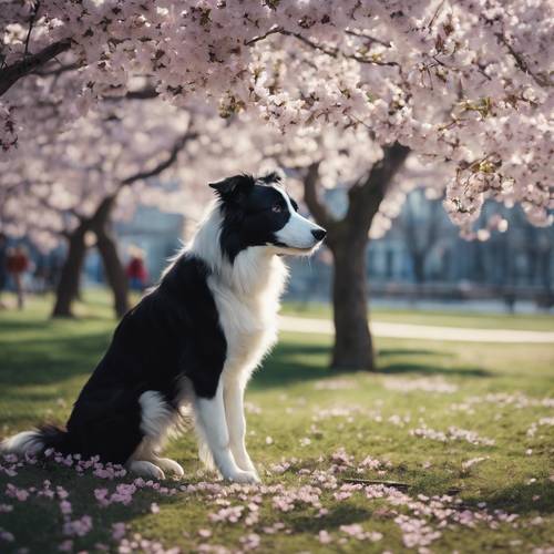 كلب بوردر كولي مفعم بالحيوية يستنشق بفضول أزهار الكرز الزرقاء في الحديقة.