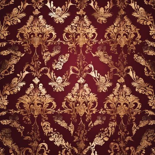 A lavish damask pattern in striking maroon tones with golden highlights.