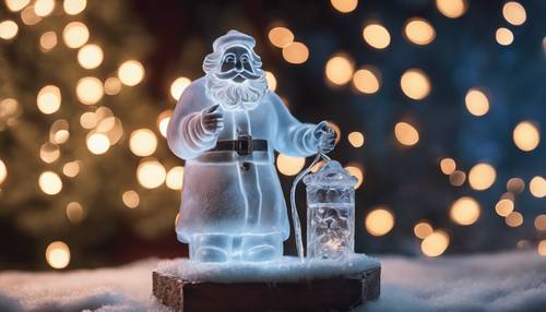 Una escultura de hielo realista de Papá Noel, brillando bajo las luces de hadas iluminadoras en una fría noche de Navidad.