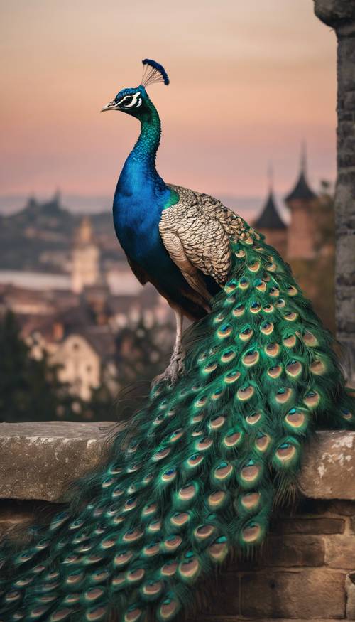 A peacock perched on a castle turret at dusk, hundreds of beautiful eyes shimmering on its tail.
