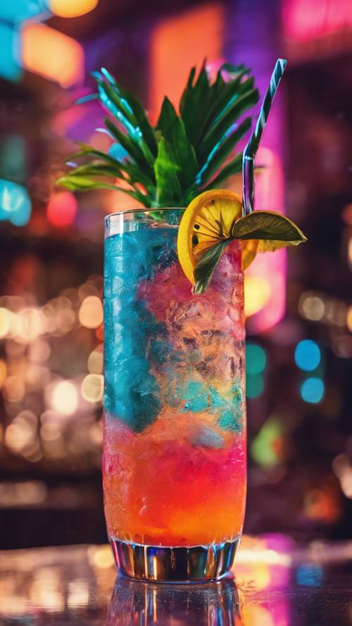 Một cái nhìn cận cảnh về một loại cocktail nhiệt đới có màu sắc rực rỡ, tươi mát, phản ánh cuộc sống về đêm sôi động của Miami.
