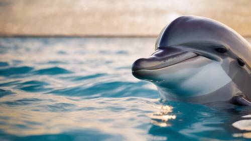 Gros plan d&#39;un dauphin au sourire narquois, centré sur ses yeux intelligents qui reflètent l&#39;azur du ciel et de la mer.