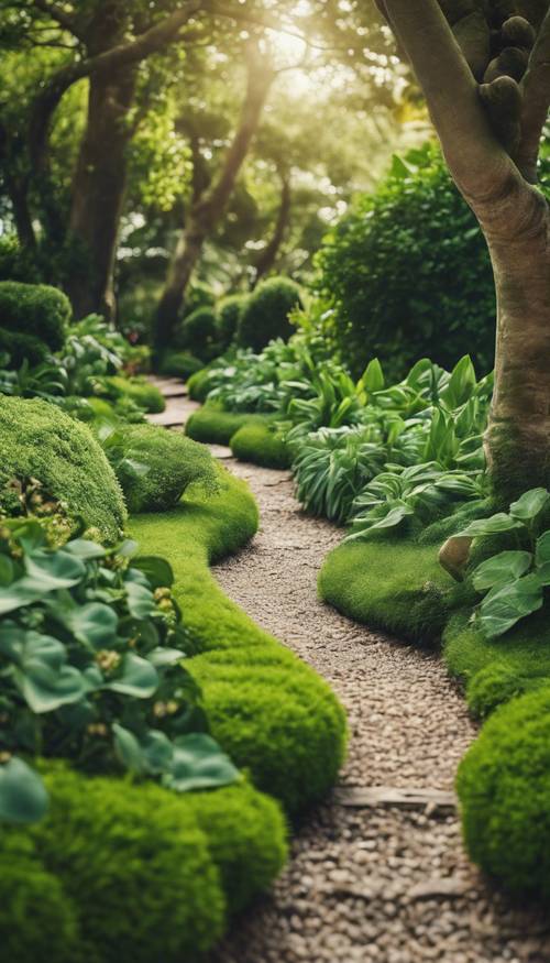 Camino de guijarros que atraviesa un exuberante jardín verde.