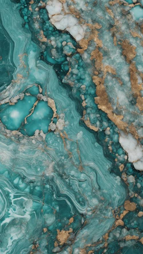 Closeup view of the texture and patterns of a teal marble stone.