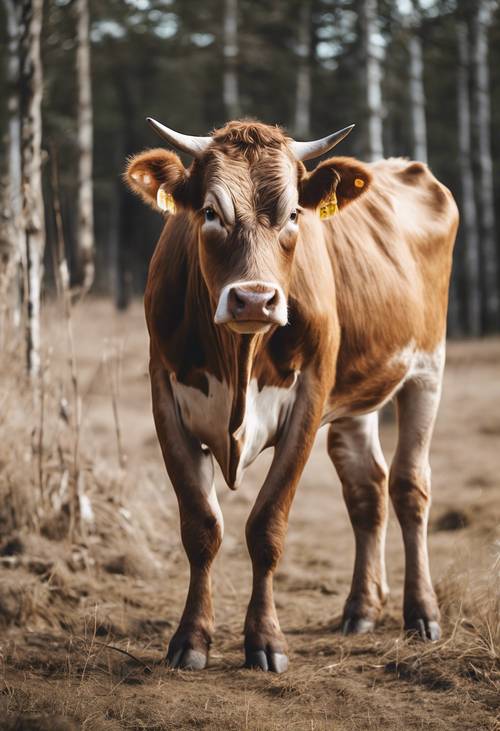 纯白色背景下一头棕色奶牛的孤立图像。