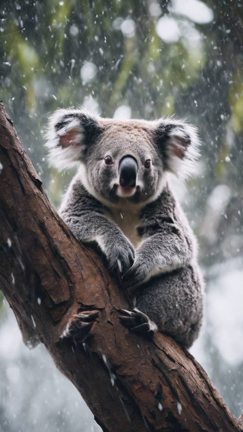 A somber koala huddling alone in the tree during a downpour.