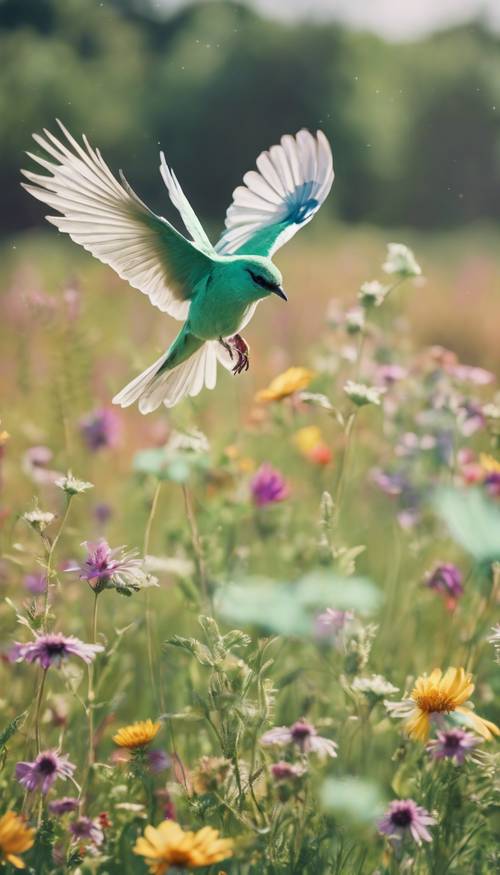 Ein mintgrüner Vogel im Flug über eine Frühlingswiese voller bunter Wildblumen.