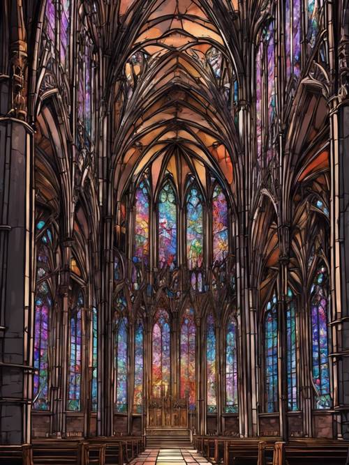 Pintura de estilo anime de una catedral gótica con vidrieras.