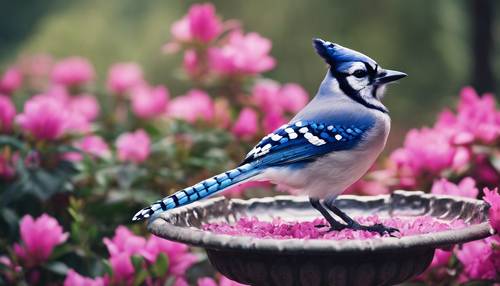 זרבן כחול נח על אמבט ציפורים מוקף בשיח אזליה ורוד.