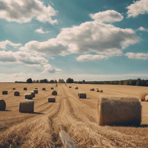 Paisagem rural vintage com uma fazenda aconchegante e fardos de feno espalhados pelo campo sob um céu azul.