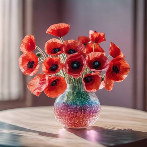各种红色色调的罂粟花被巧妙地排列在彩虹色的水晶花瓶中。