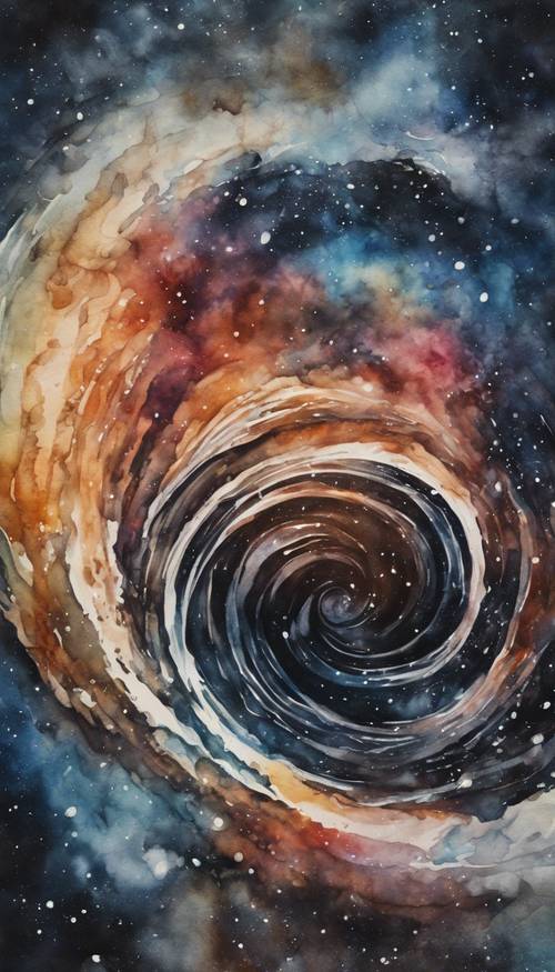 Une aquarelle surréaliste représentant un vortex sombre et tourbillonnant dans l’espace.
