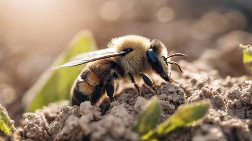 Eine Mauerbiene ist fleißig bei der Arbeit und baut unter der Sommersonne ihr mit Schlamm ausgekleidetes Nest.