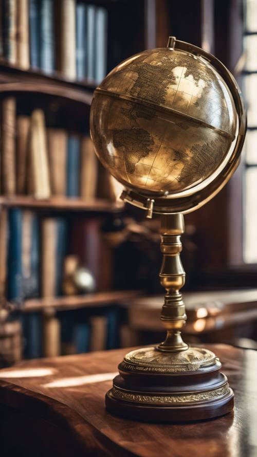 An antique library room with an old spun brass globe inspired by the Blue Marble, mounted on a polished mahogany stand.