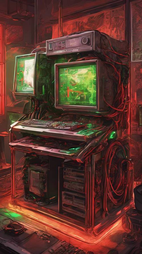 Komputer gaming berdesain rumit dengan lampu LED merah dan hijau menerangi ruangan dengan warna hangat.