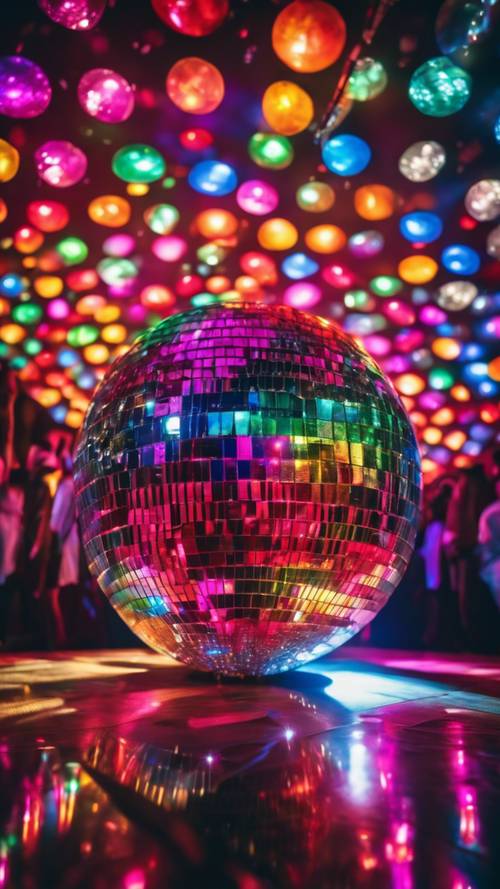 Яркая сцена дискотеки с разноцветными огнями, отражающимися от большого диско-шара в центре потолка.