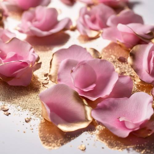 Kelopak mawar merah muda dicelupkan ke dalam emas dengan latar belakang putih untuk adegan romantis.