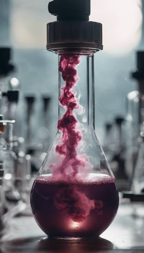 A plum-colored smoke seen pouring out of a chemistry lab flask