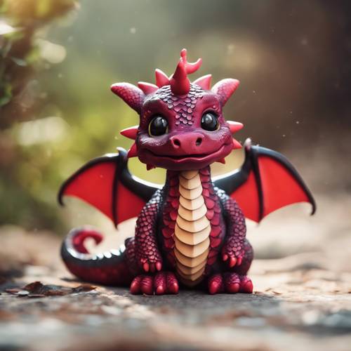 Um adorável dragão kawaii, com escamas vermelhas brilhantes, enrolando a cauda.