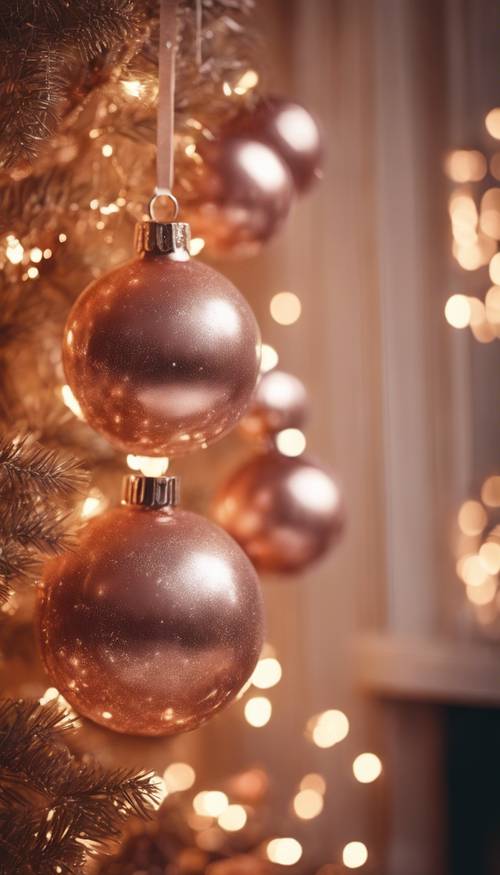 Una cálida escena de cocina con decoraciones navideñas de oro rosa colgando sobre la chimenea.