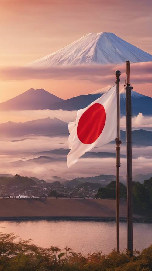 Eine wehende Nationalflagge Japans bei Sonnenuntergang mit dem Fuji im Hintergrund.