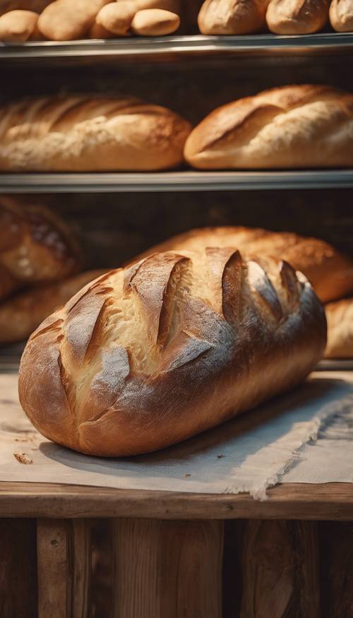 A fresh loaf of French bread sitting in a quaint boulangerie Tapeta [95b2633de51441efb537]