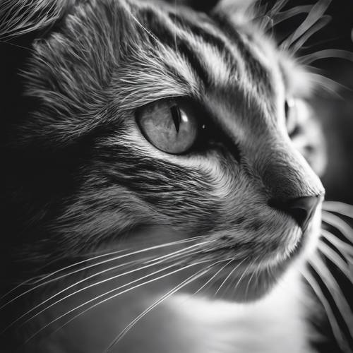 صورة قطة بالأبيض والأسود، تلتقط لحظة مؤثرة للحيوان الأليف وهو يفكر بعمق.