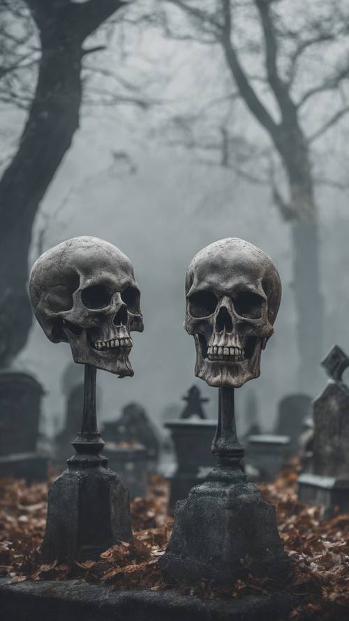 Ein Paar unheimlich leuchtender Totenköpfe, eingehüllt in Nebel auf einem gruseligen Friedhof.