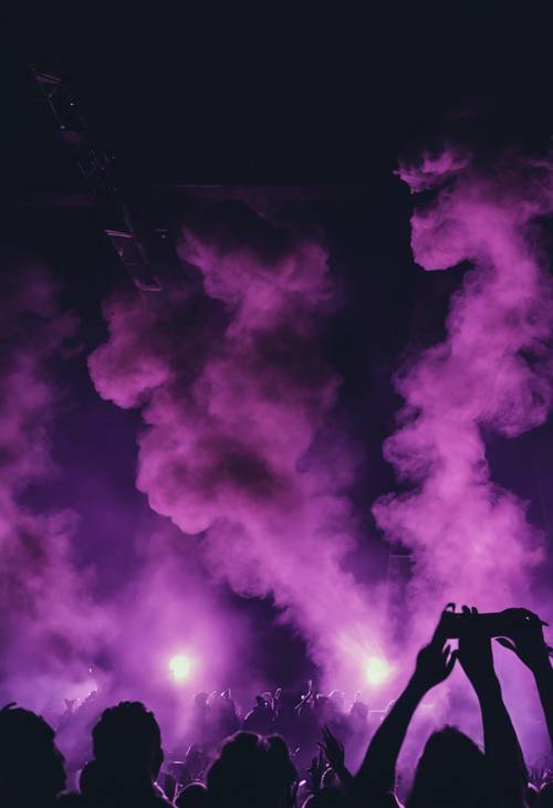 Запоминающееся изображение пурпурно-черного дымного концерта с мистическим сиянием прожекторов.