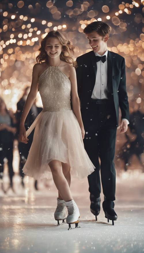 A group of high school students ice skating joyously at their winter prom.