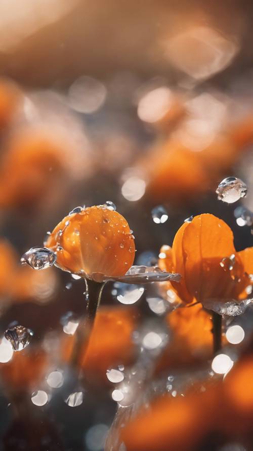 아침 햇살에 이슬방울로 덮인 섬세한 오렌지색 꽃잎의 매크로 샷입니다.