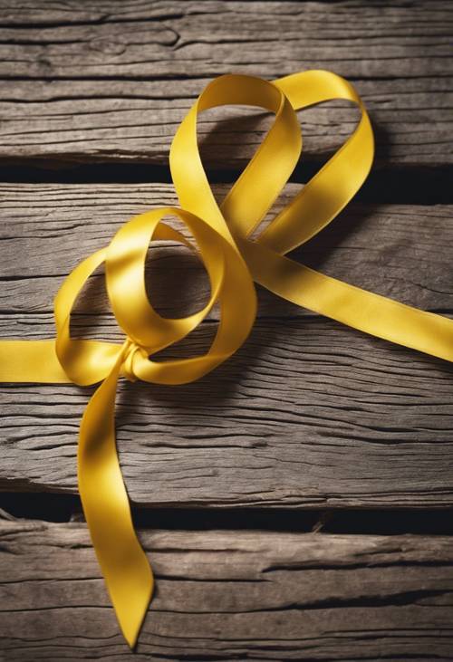 Close-up shot of a yellow ribbon tied in a knot against a rustic wooden background.